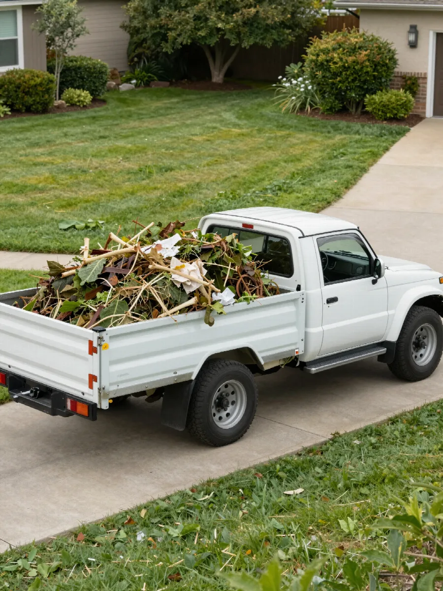 Garden clippings loaded into a ute outside a home, from the RubbishRuns website